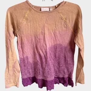 Ombre Hand Dyed Upcycled Lace Hem Long Raglan Sleeve Girl's Knit Top Size Large